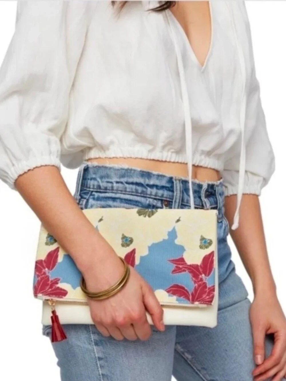 Rachel Pally Clutch Blue CanvasPrintedGold-Tone Hardware Leather TrimLeather